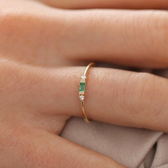 Gold Green Chic Rectangle Round Gems Dainty Ring for Women, VIP173 - Picture 3 of 5